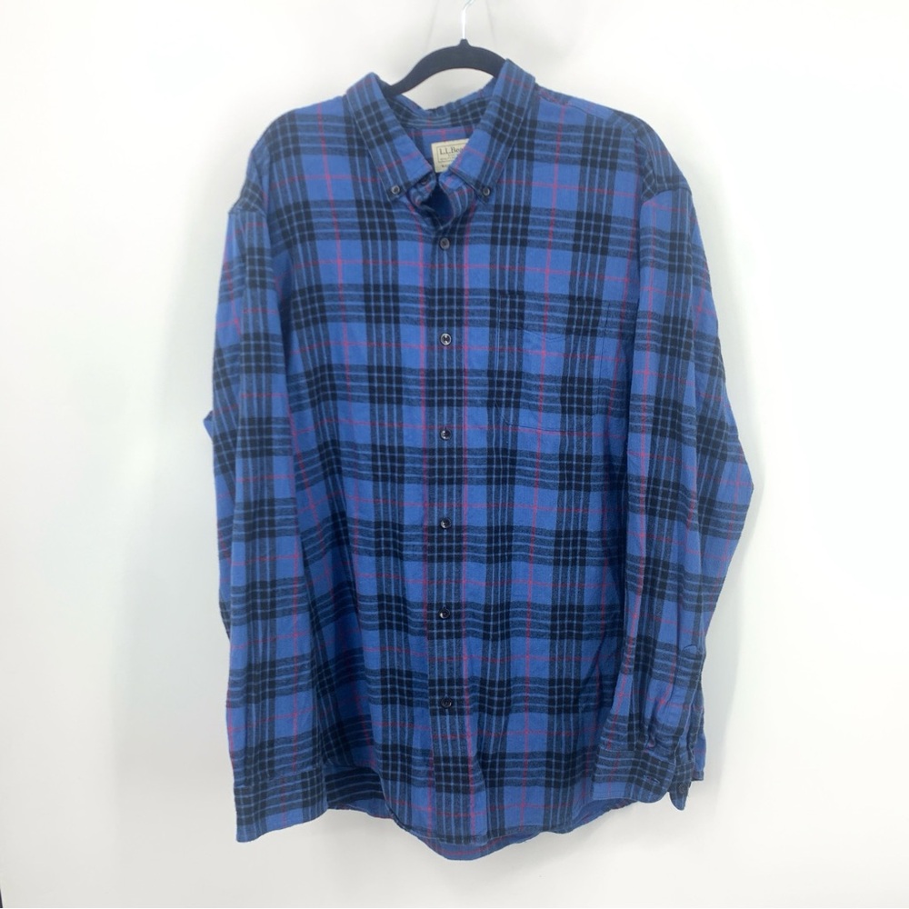 LL Bean Men Size XXL Shirt Button Down Top Blue Black Flannel Scotch Plaid